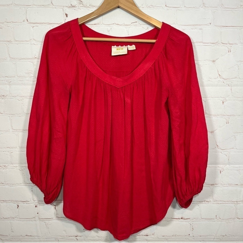 Anthropologie MAEVE Blouse Womens 0 Red V Neck Paisley Long Sleeve